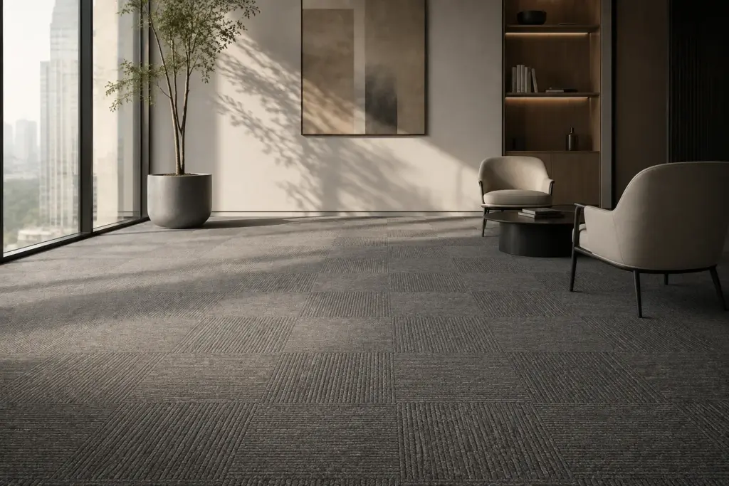 Lounge with grey carpet tiles, armchairs and a large window