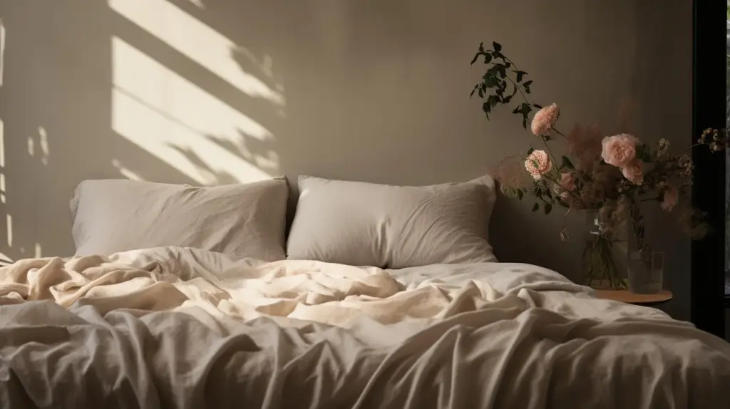 An unmade bed in white and taupe linen in soft morning light
