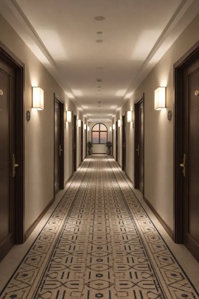 Hotel corridor with patterned carpet