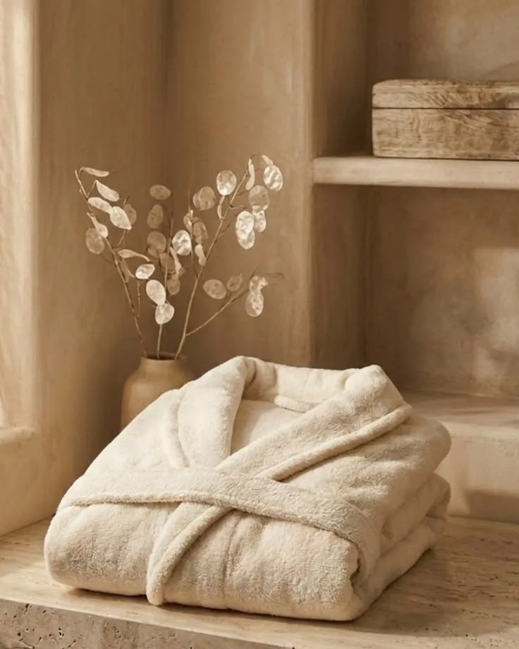 Folded terry bathrobe on a stone shelf in a spa