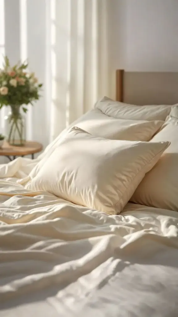 Cream sateen bed linen and pillows in morning light