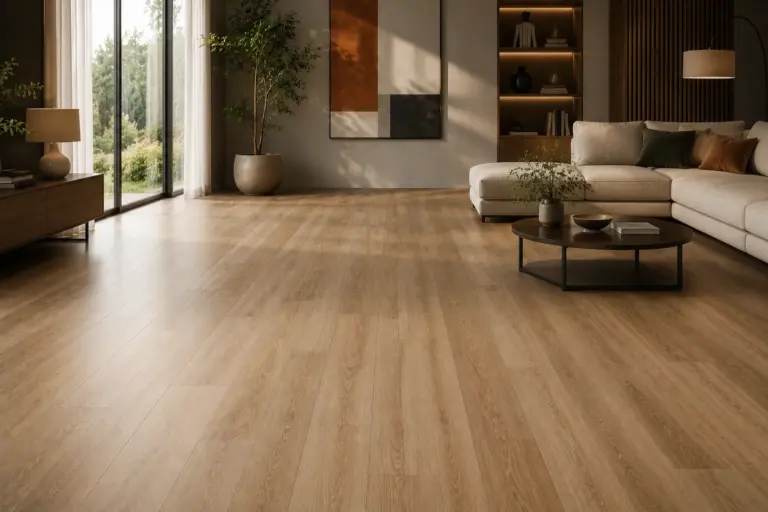 Open living space with a light oak plank floor