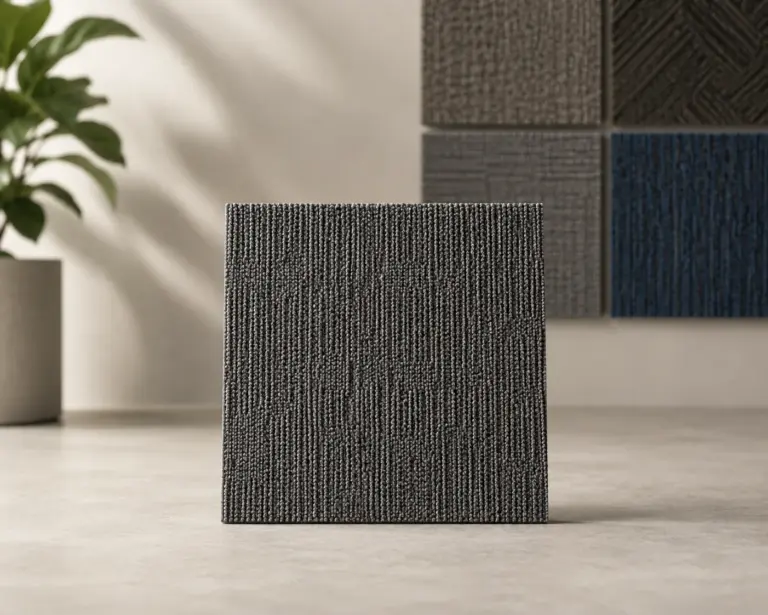 Grey carpet tile sample in front of a wall of tile colourways