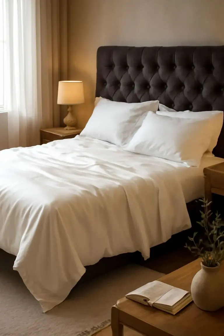 Hotel bed in white linen with a dark buttoned headboard