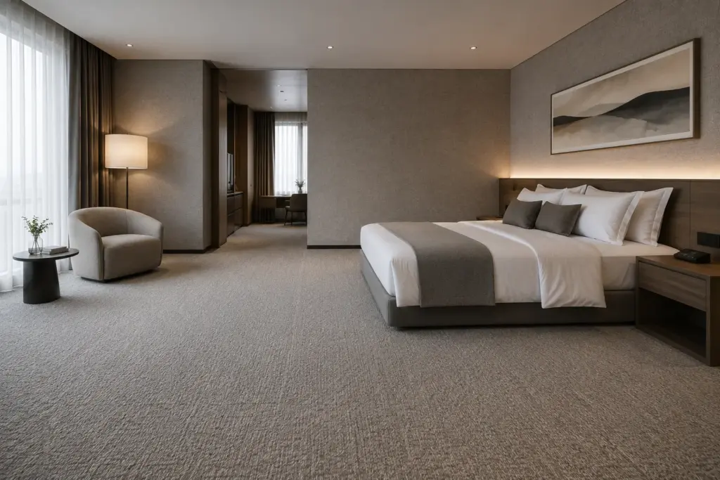 Hotel guest room with grey wall to wall carpet