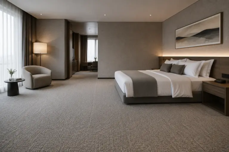 Hotel guest room with grey wall to wall carpet